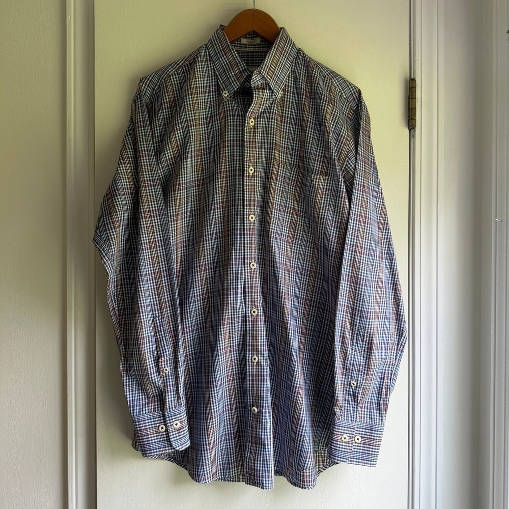 Peter Millar Mens Plaid Button Down Shirt Navy Orange White Cotton Medium